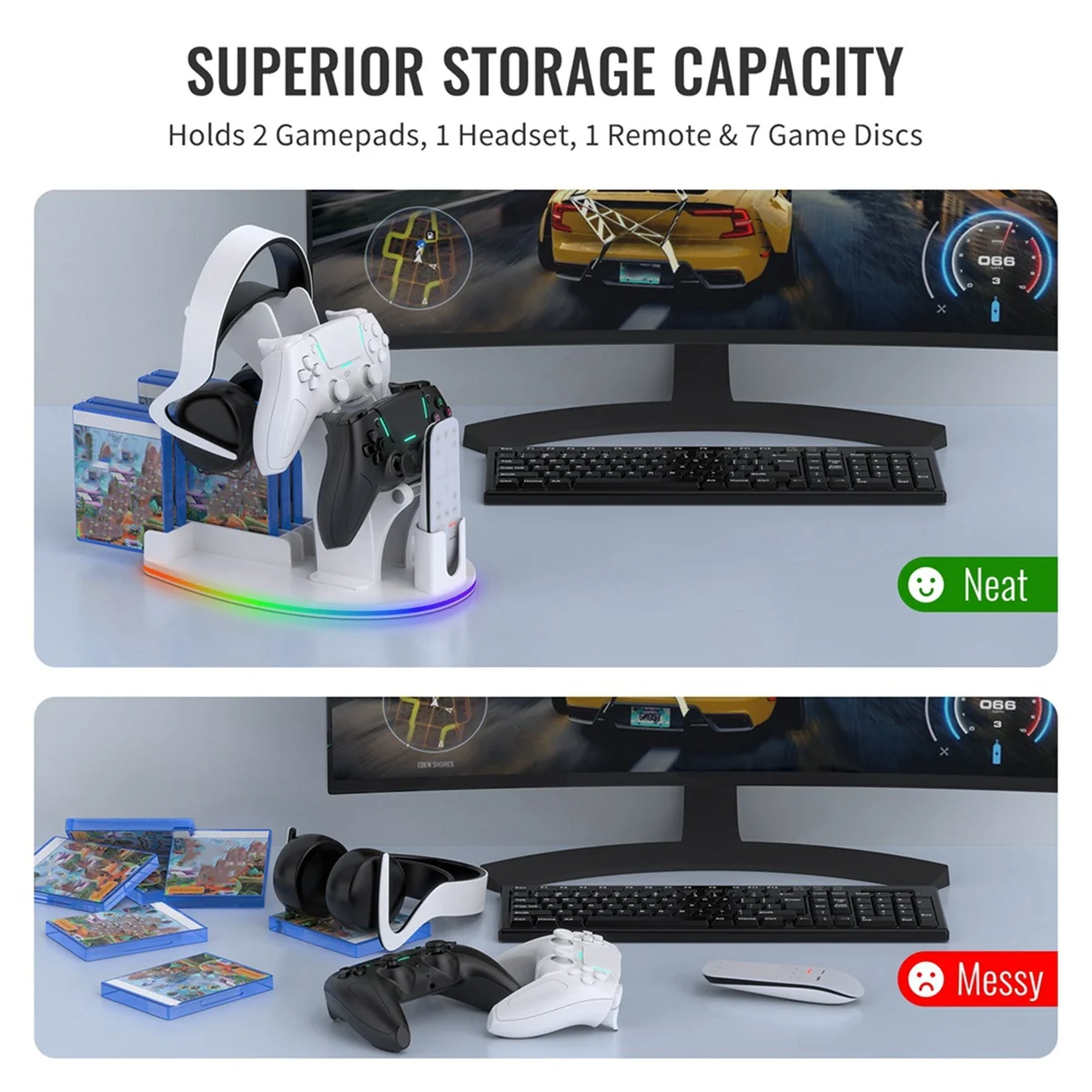 A74Z For Desktop Storage Stand Controller Stand with RGB Lights Headphone/Handle/Remote/Disc Desktop Storage Stand Black