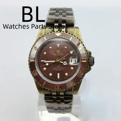 BLIGER 40mm Bronze Coated Watch For Men NH34A GMT Machenical Brown Bezel Coffee Dial Sapphire Glass Stainless Steel Jubilee Band