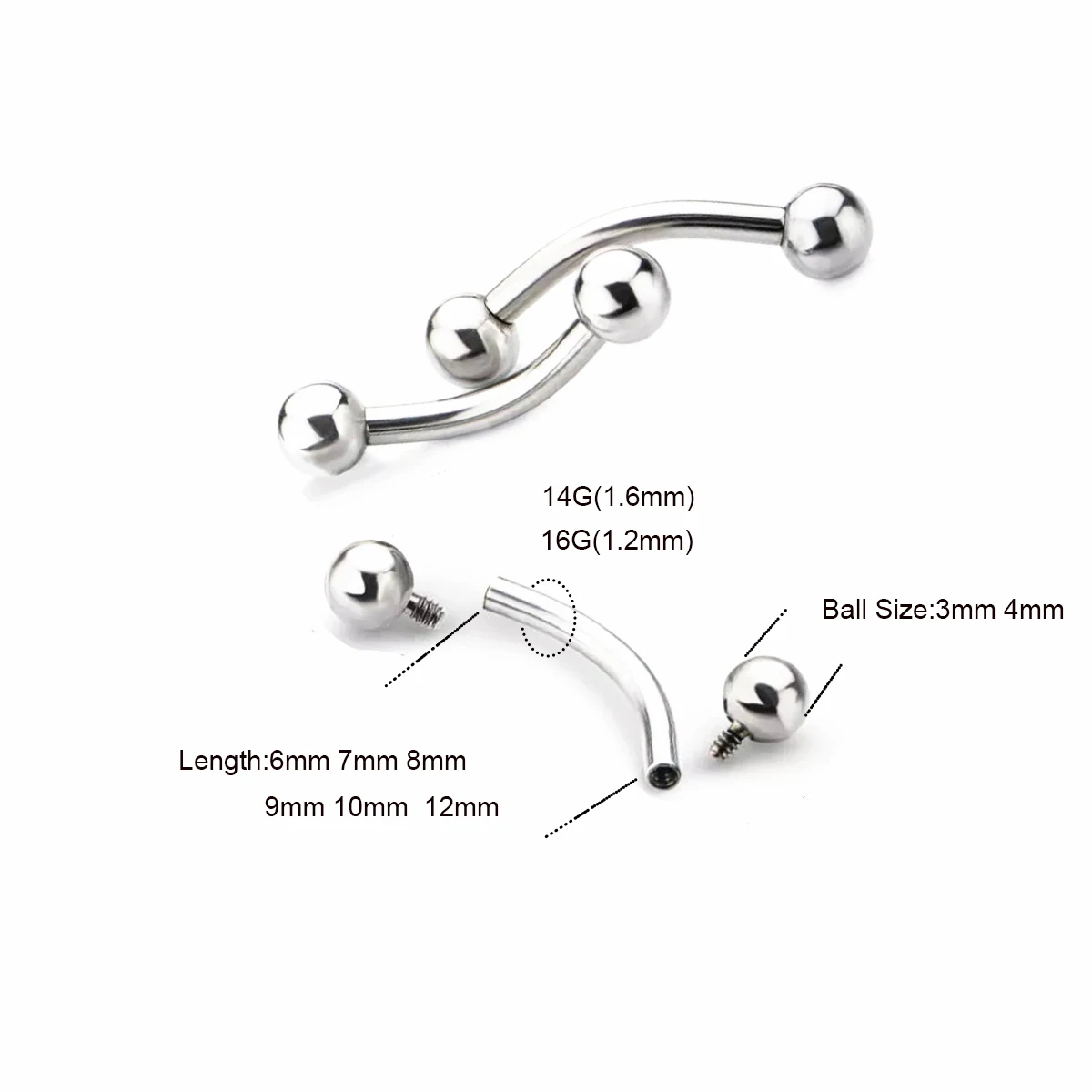 10 Pcs ASTM F136 Titanium 14G 16G Curved Barbell Eyebrow Internal Thread Tragus Helix Ear Belly Lip Ring Body Piercing Jewelry view 2