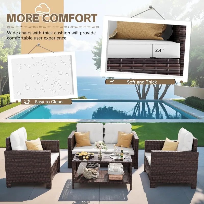 4 Pieces Patio Furniture Sets Rattan Chair Wicker Conversation Sofa Set, Outdoor Indoor Backyard Porch Garden Poolside Ba