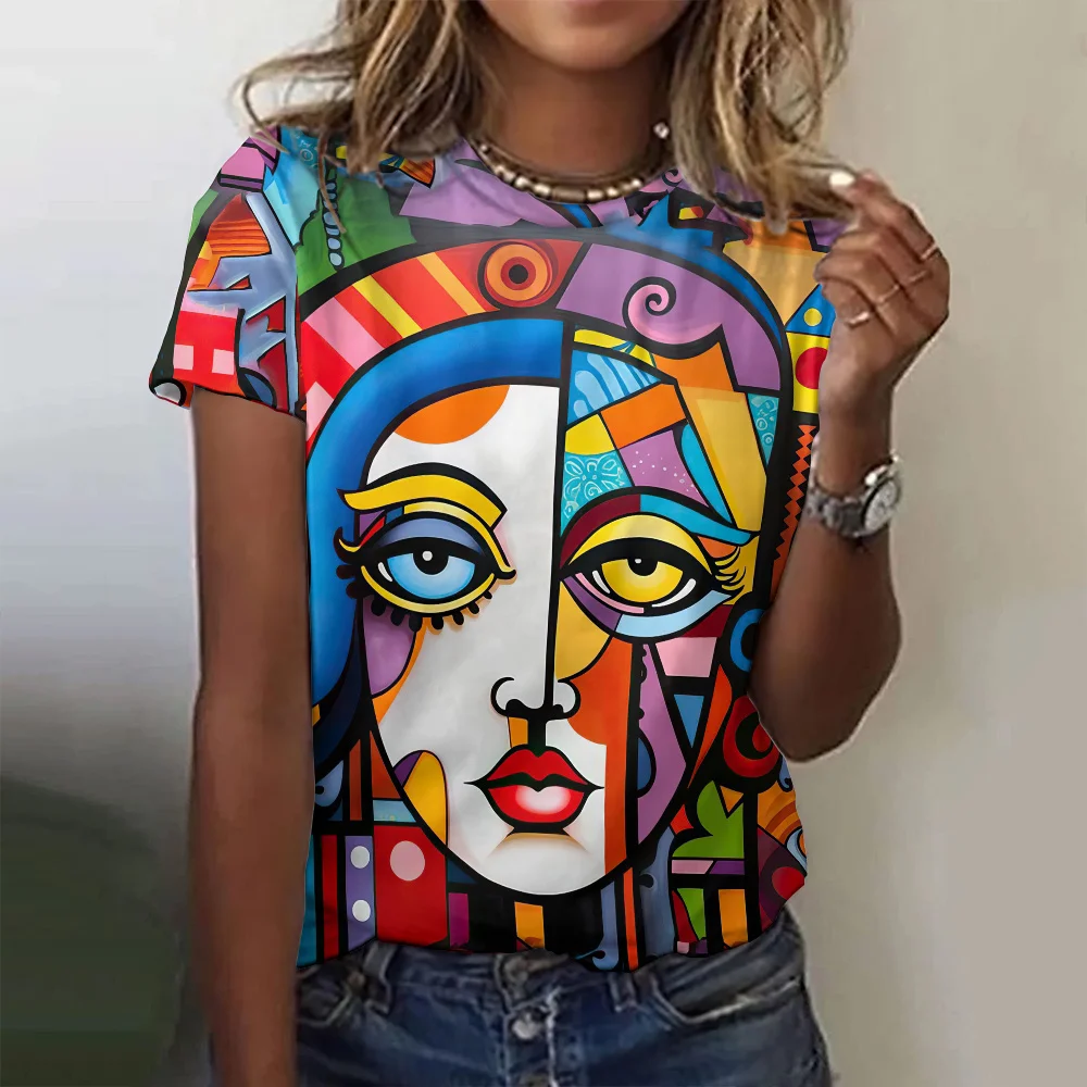 

Modern Cubism Art Women's T-shirts Abstract Face Fashion Street Short Sleeves T shirts Summer Loose Women Clothing Pullover