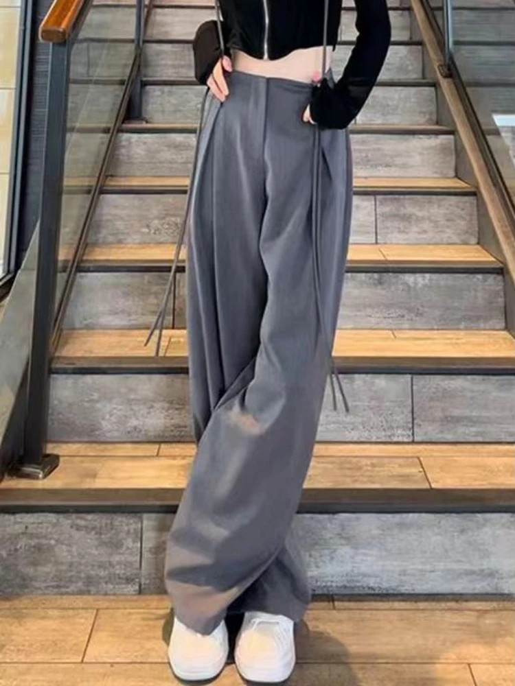 Elastic Waist Wide Leg Pants Women Leisure Loose Solid Simple Lace-up Design Streetwear Students All-match Basic Autumn Trousers