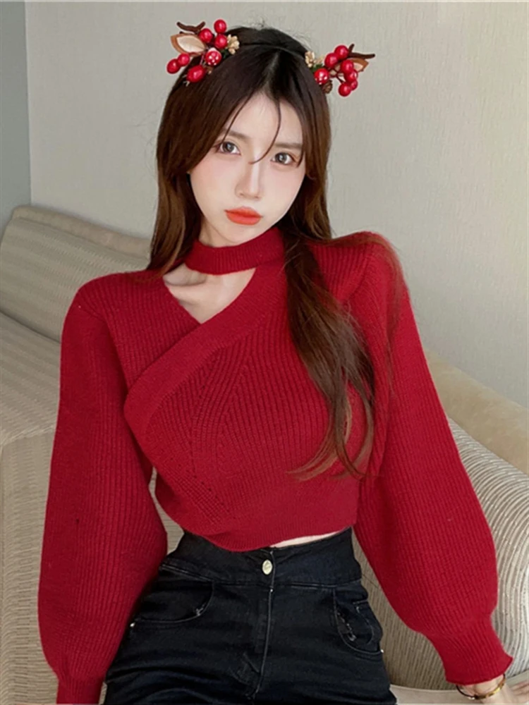 Christmas Red Hanging Neck V-neck Cross Sweater Women Short Autumn and Winter High-Grade Pure Desire Top Knitted Bottoming Sh...