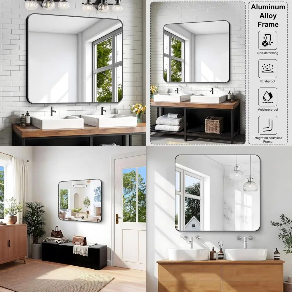 

Черное прямоугольное зеркало KOCUUY, туалетное зеркало для раковины 36x40, большое зеркало в металлическом каркасе с закругленным углом для ванной комнаты Liv