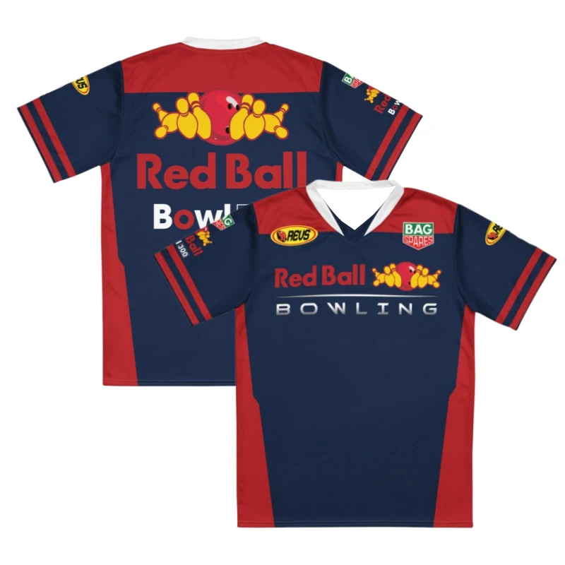 Men's Navy Red Block V-neck Bowling Shirt with Red Bowling Text and Yellow Bowling Needle Pattern Printed Breatha - Parent Child