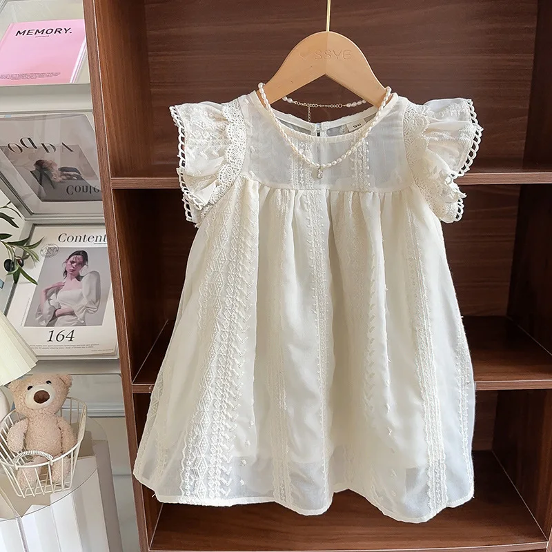 Girls Dress Summer Lace Flying Sleeve Embroidered Princess Dress Kids Dresses for Girls Korean Children Baby Girl Dress 2-7Yrs