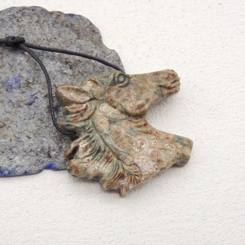 Natural Stone Frog’Eye Carved Horse Head Pendant Bead,Semiprecious Fashion Jewelry, Necklace Accessories,48x47x9mm,21g
