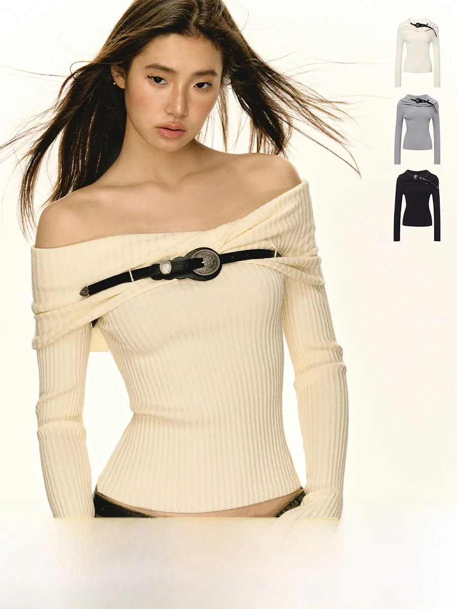 

Ariseism American Retro One oulder Long Sve Knitted Sweater Women Spicy Girl High-End Feeling Top Street Sle Pure Color