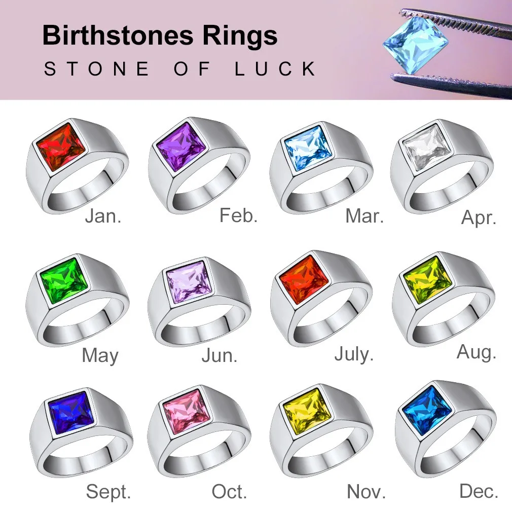 U7 Men Personalized Signet Rings Stainless Steel Ring with Rectangle Gemstone Birthstones Size 7-14 Gift for Him Dad Father