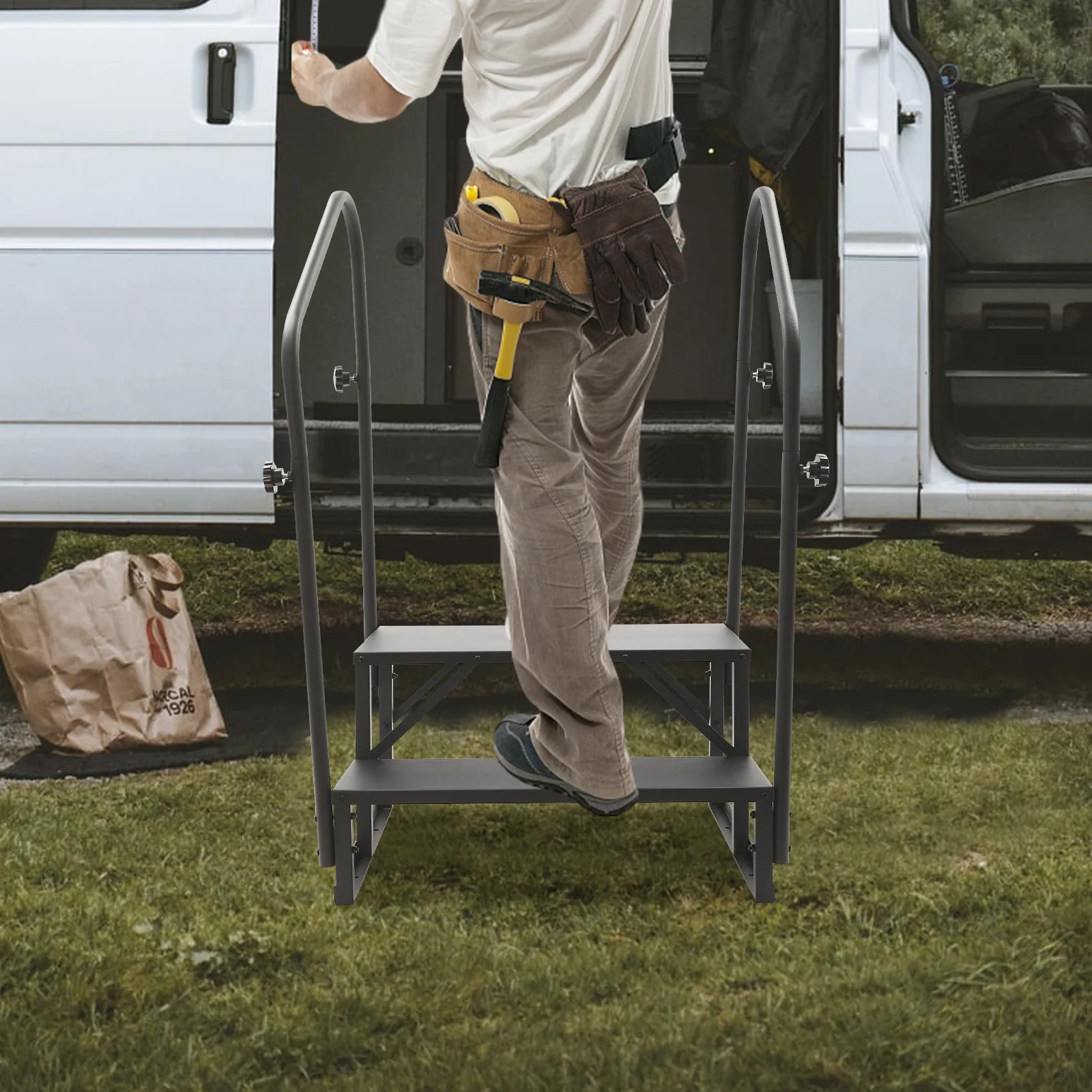 سلالم بخطوتين مع درابزين مزدوجين بسعة تحميل 450 رطل، هيكل ثابت، سهل التركيب، تنظيف للشرفة المنزلية للتخييم RV #2