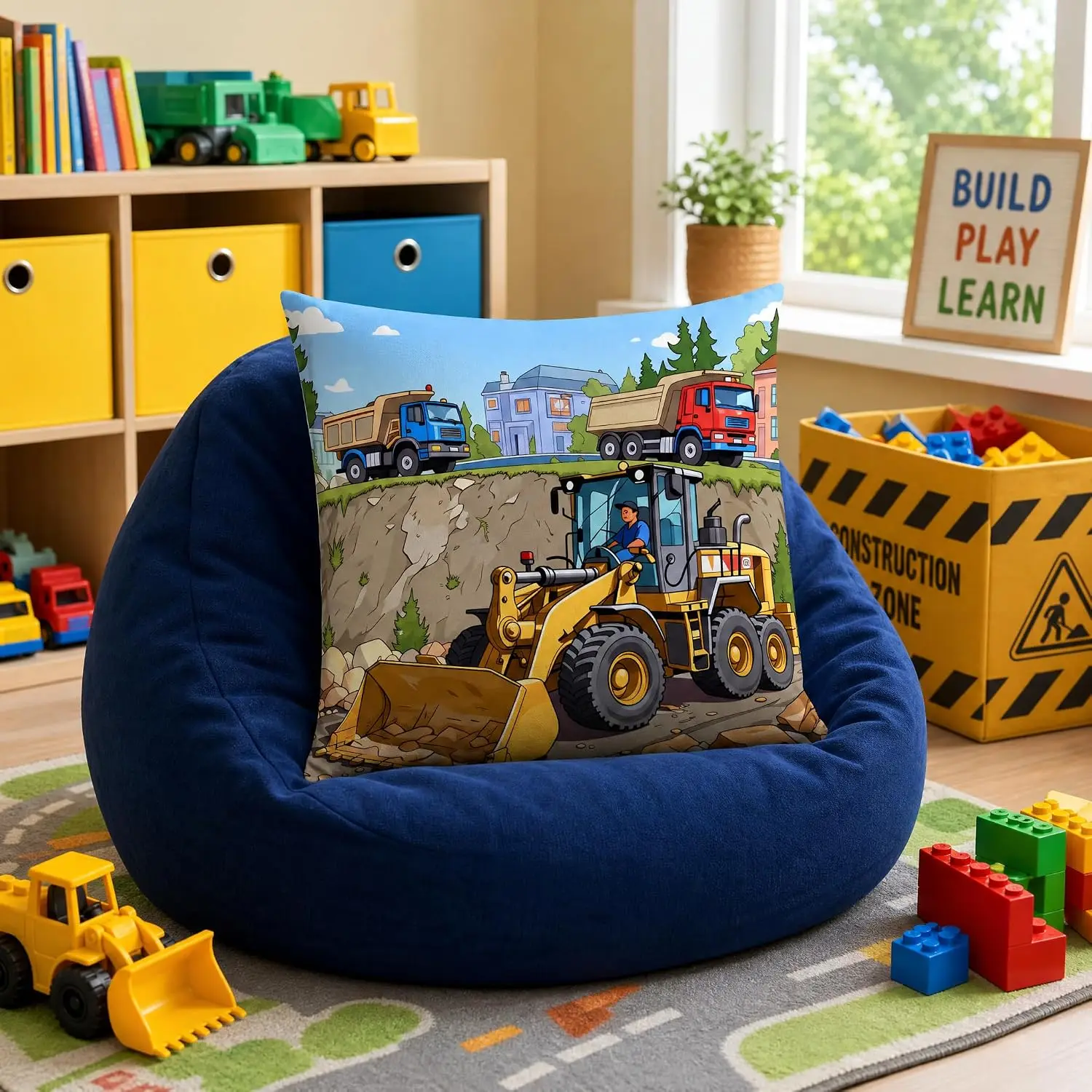 Construction Truck Pillowcase, Excavator & Dump Truck Cushion Cover, Kids Engineering Vehicle Home Decor, Cartoon Builder Boy