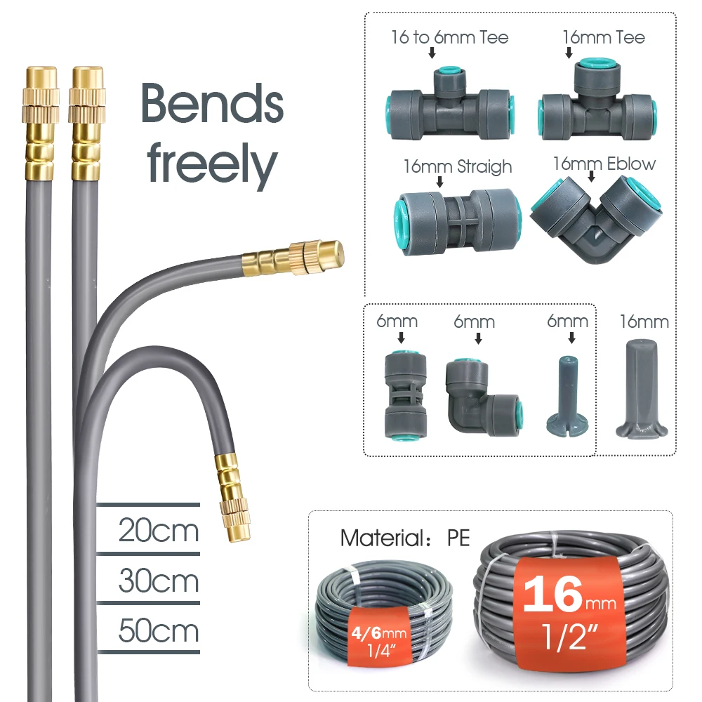 20-50M 20-50cm Free Bending Brass Nozzle Atomized Irrigation Kit Easy Install 1/4