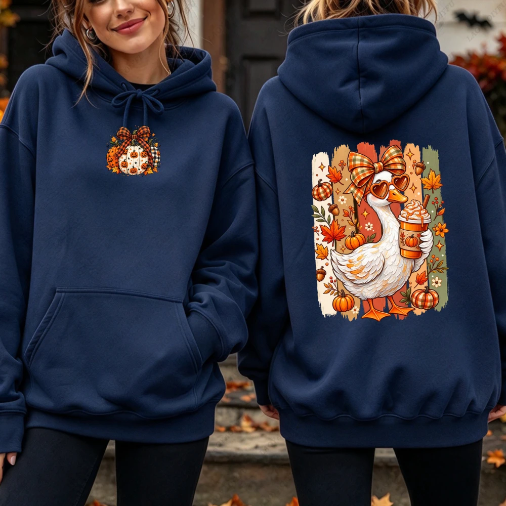 Fall Duck Pumpkin Spice Coffee Double Side Print Hoodie Women Casual Long Sleeve Cute Retro Sunglasses Bow Autumn Fashion Top view 6
