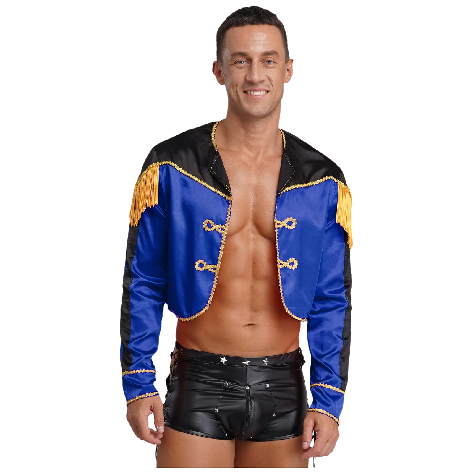 

Men Matador Spain Bullfighter Carnival Cosplay Costume Trumpet Drum Major Team Jacket Gold Braid Trim Tassels Satin Cropped Tops