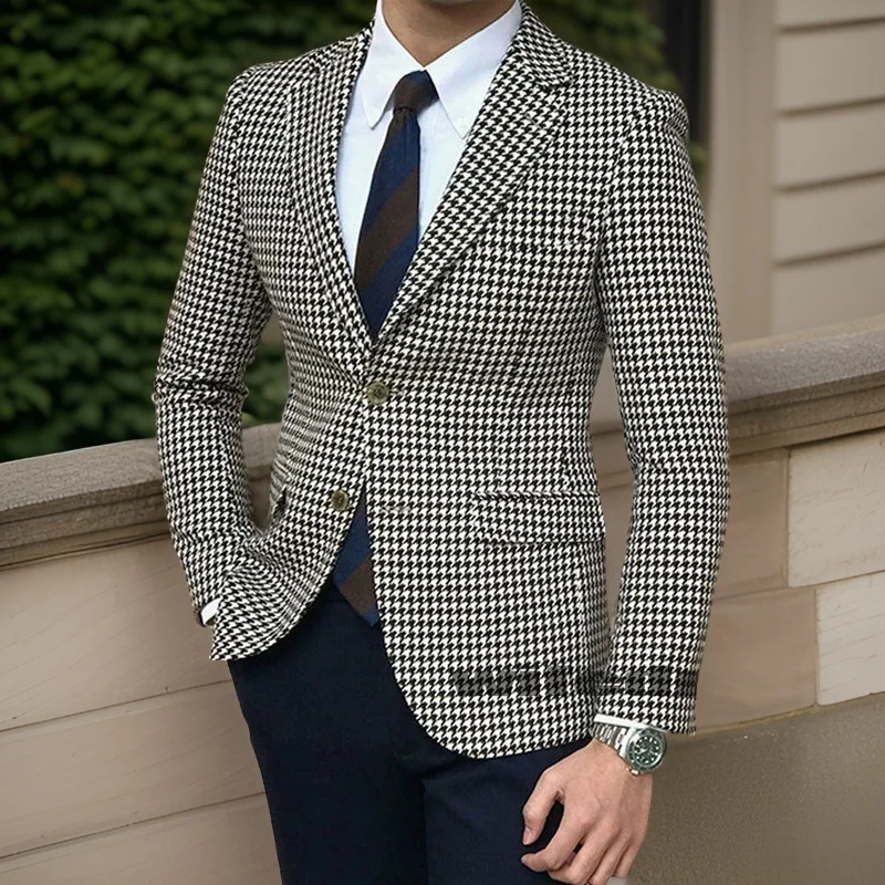 Plaid Casual Blazer for Men One Piece Houndstooth Suit Jacket with 2 Side Slit Slim Fit Male Coat Fashion Clothes New Arrival