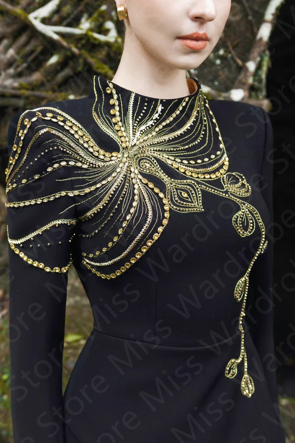 2024 Latest Arrival Arabic Evening Dresses Black Long Sleeves Prom Party Gowns Back Out Beading Wedding Guest Dresses High Neck