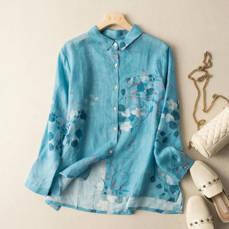 Elegant Blouses Women Fashion 2022 Summer Long Sleeve Top Female Luxury Linen Clothes Button Up Casual Shirt Floral Boho Chic