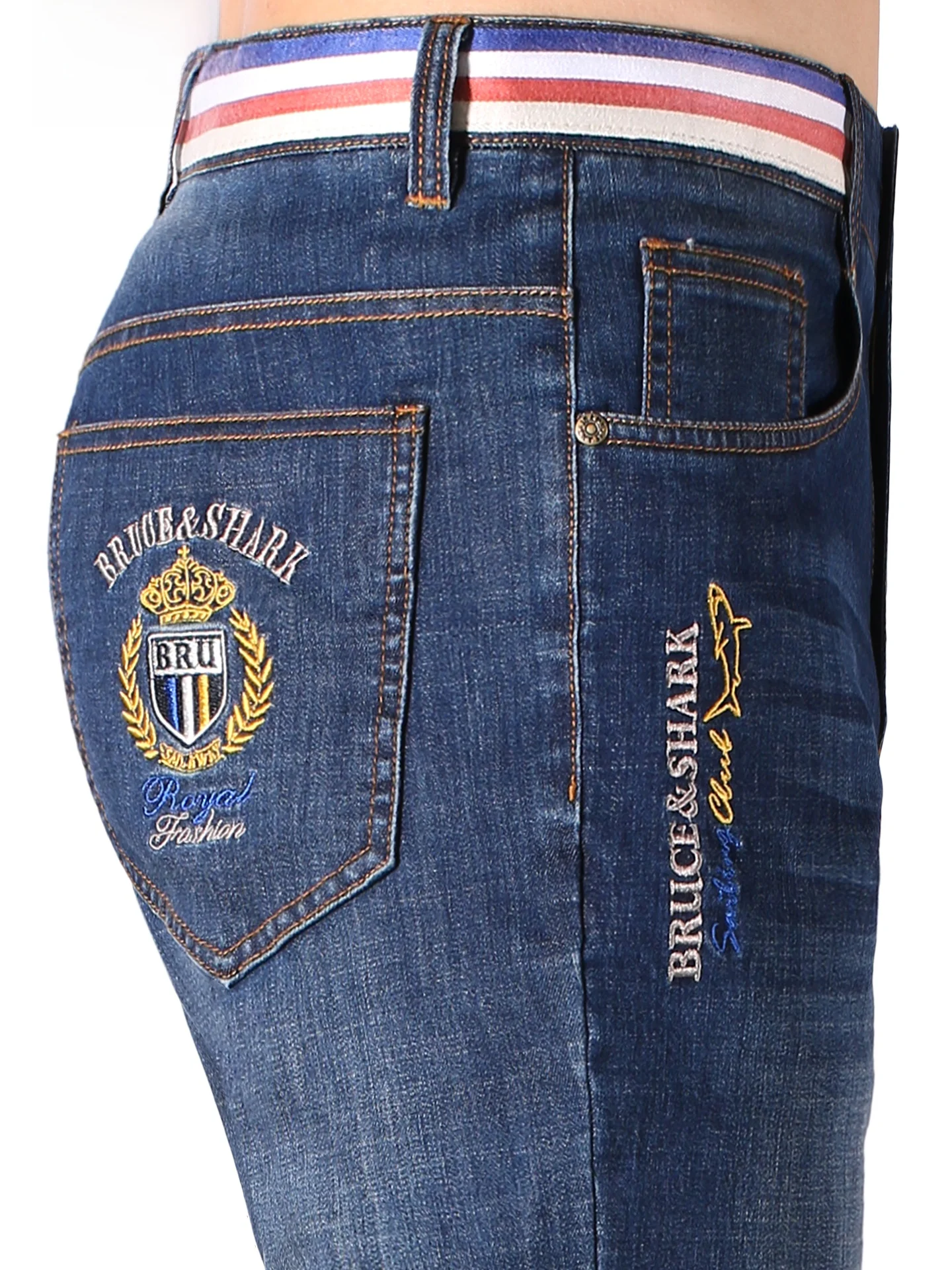 

Summer Thin Straight Leg Men's Jeans Embroidered Loose Fit Casual Trousers Bruce & Shark Brand Cotton Polyester Blend