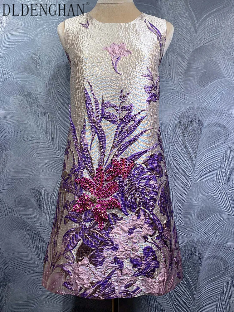 DLDENGHAN 스팽글 다이아몬드 자카드 미니 드레스 여성용 오-넥 민소매 빈티지 조끼 드레스 여름 패션 여성