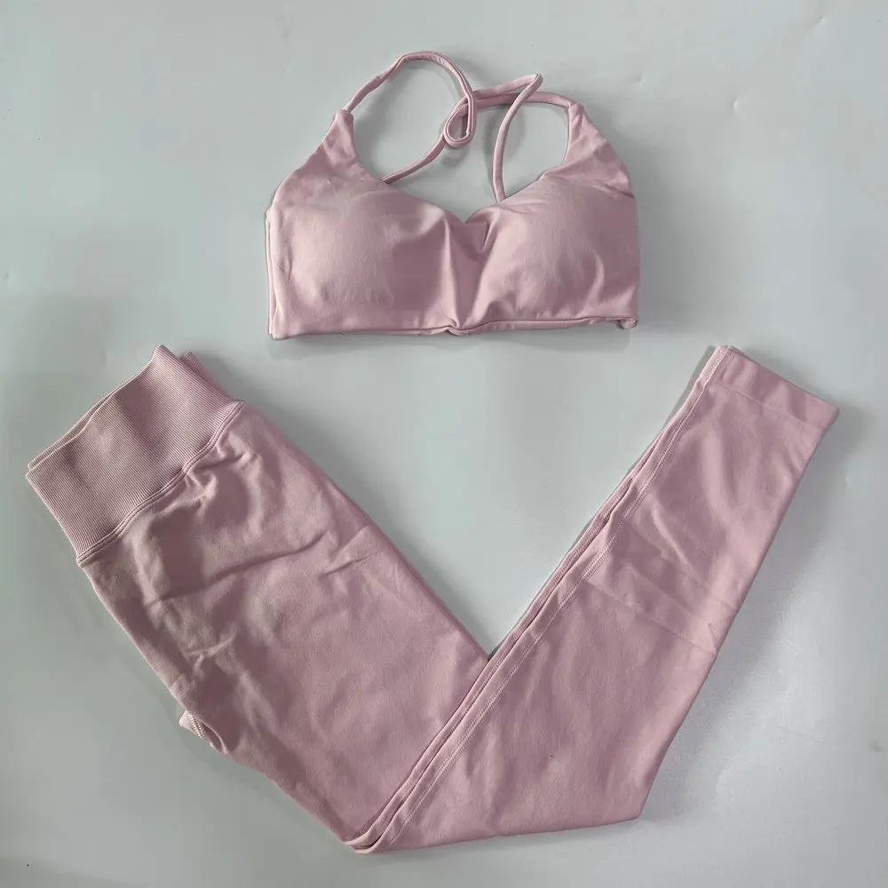 2-teiliges Sport-Set für Damen, nahtloser Yoga-BH mit Riemchen am Rücken, mittlerer Halt, Yoga-Leggings mit hoher Taille, Scrunch-Gym-Hose, Fitness-Strumpfhose – Detail 18