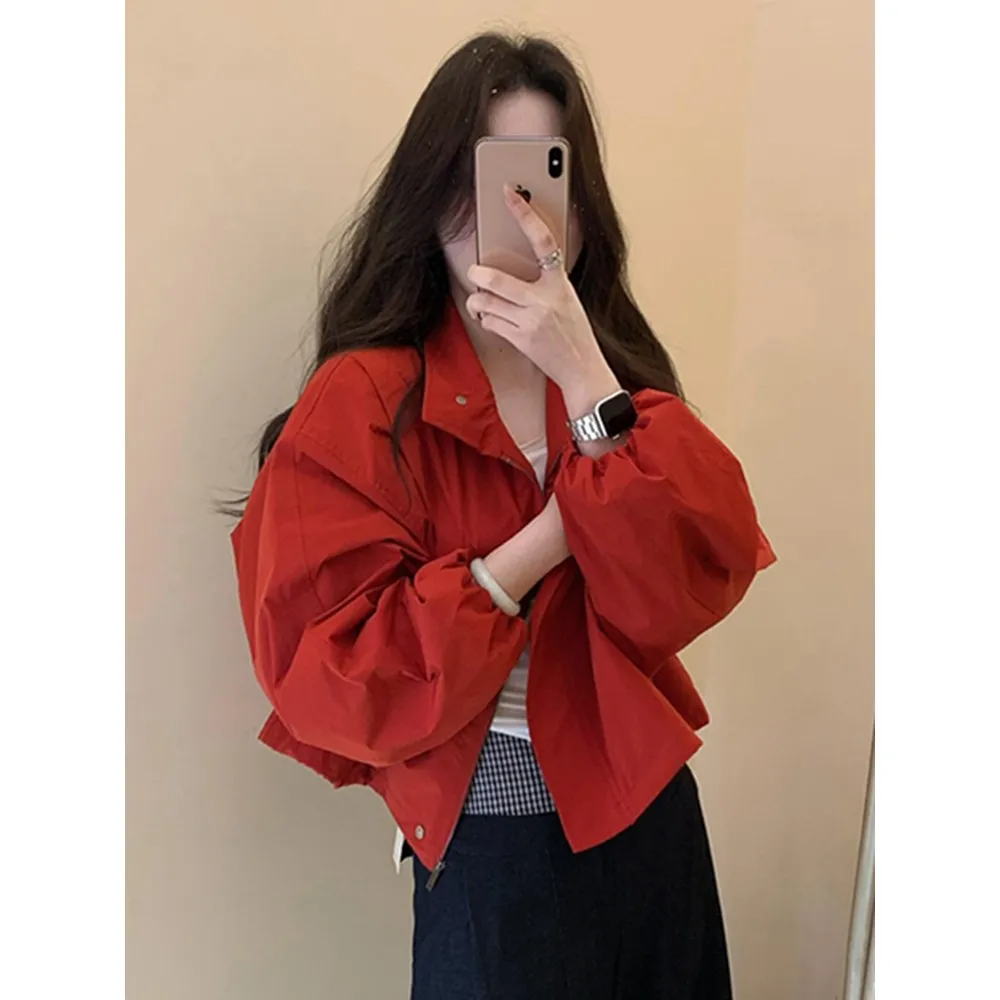 Unique Beautiful Red Outerwear 2025 Autumn Season Short Style Breathable Polyester Fiber Young Women's Fashionable Anti-aging