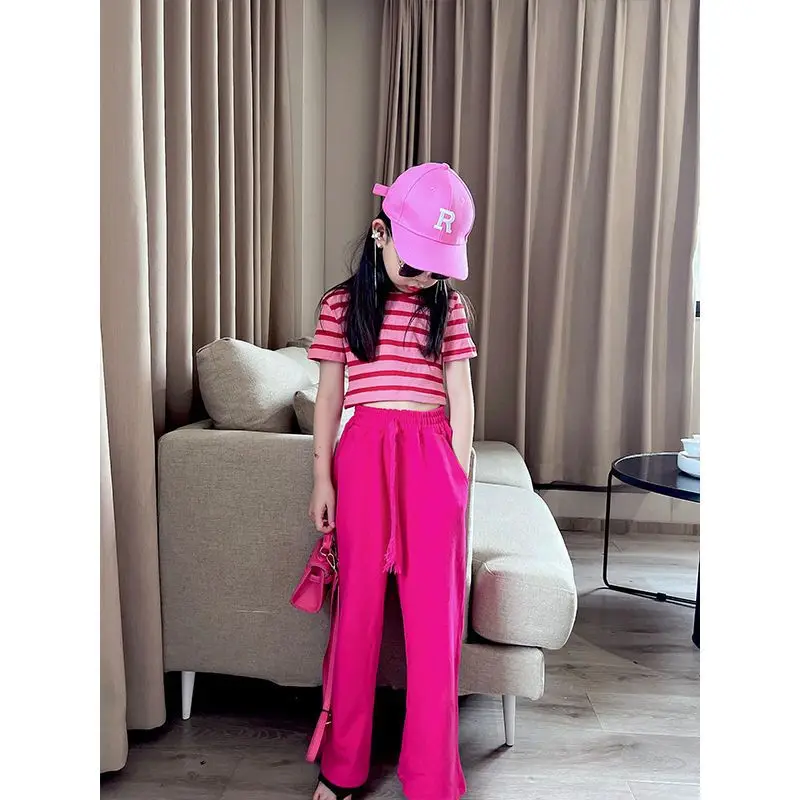 2024 summer Kids Girls Clothes Children Sets short striped crop top T-shirts + Wide Leg straight Pants Teenager 4 8 10 12 Years