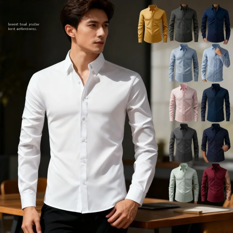

Elastic Long Sleeve Shirt for Men Wrinkle Resistant Lightweight Office Wear Open Front