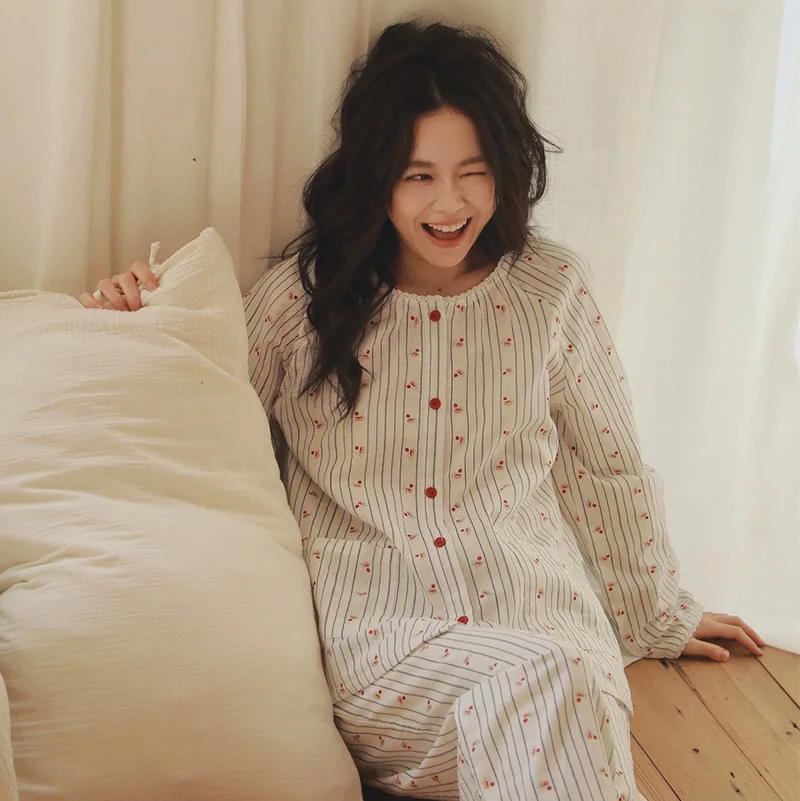 spring-new-arrival-thin-cotton-pajama-set-doll-collar-long-sleeve-home-clothes-pure-cotton-double-layer-gauze-nightgown