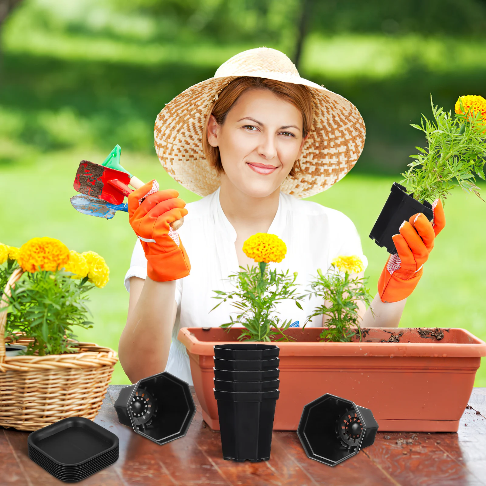 

10Set Sturdy Plastic Nursery Pots with Saucers Octagonal Design for Garden Patio Windows Decorative Plants Flower Pots