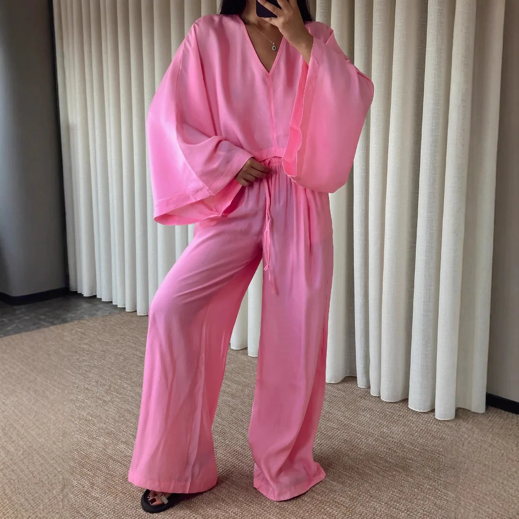

Women Spring Autumn 2 Piece Set 2025 Newest Casual Simple Solid Long Sleeve V Neck Pullover Top Loose Wide Legs Pants Sets