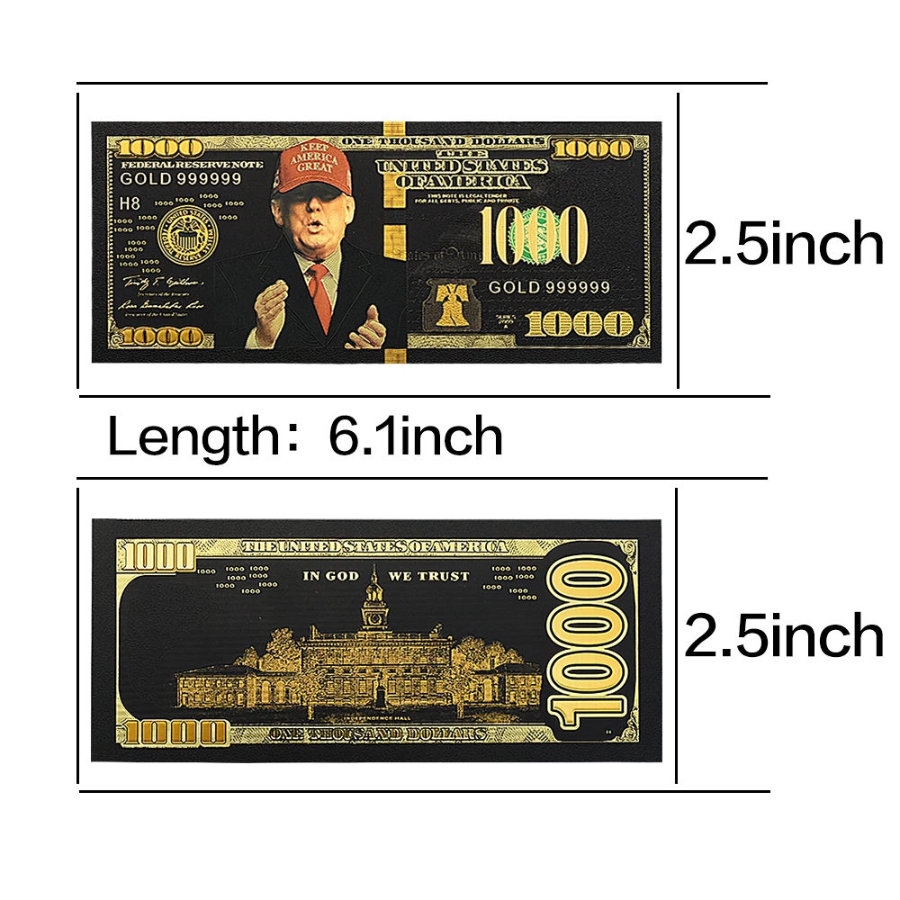 2024 President Donald Trump of The United States Black 1000 Dollar Gold Foil Banknote Plastic Card Handicraft Collection Gift