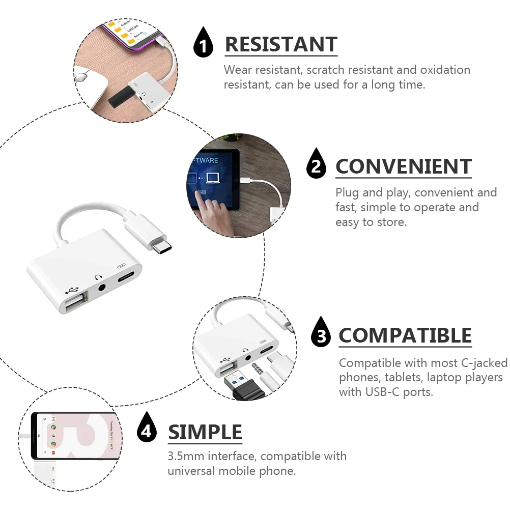 3 -in-1 Typec Headphone Adapter USB Practical Type-C Converter Jack Laptops Abs Earphone Plastic Portable External