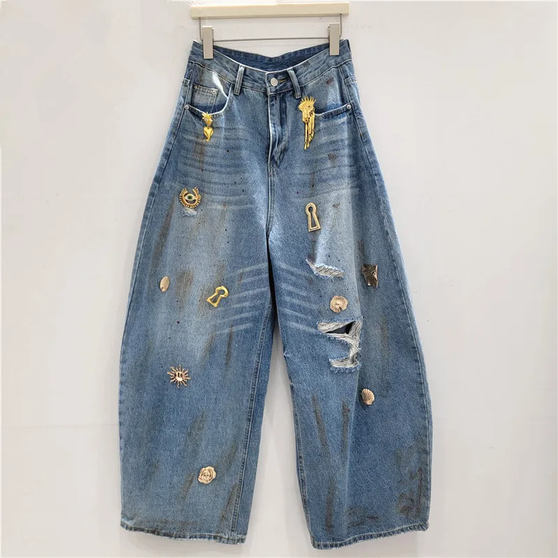 

American Retro Metal Perforated Curved Knife Jeans Women 2026 Spring Banana Pants Loose Casual Wide Leg Straight Leg Pants