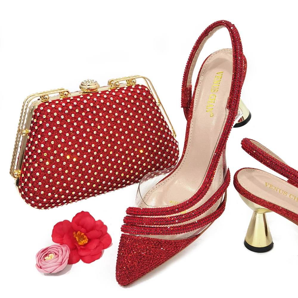 

Italian Design Red Color Woman Shoes and Bag Set with Rhinestone African High Heels Shoes and Matching Bag for Wedding