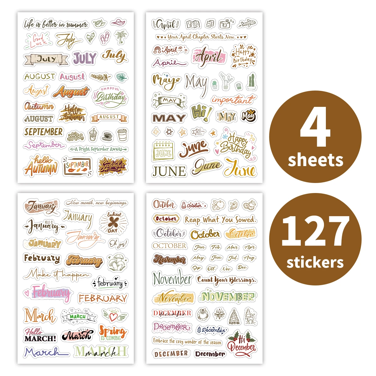 4sheets Colorful Monthly Calendar Stickers-Inspirational Quotes Design,Monthly Planner Sticker For Decor,Gift Wrapping,Diy Craft