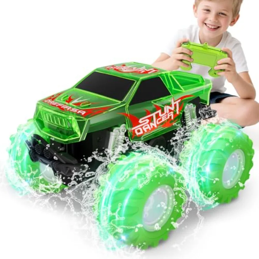 Amphibious Monster Truck Toy, Waterproof Remote Control Car, 4WD Off-Road RC Truck with Colorful Light, RC Stunt Car Toy for 4-
