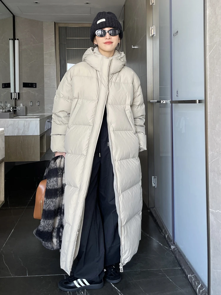 Winter Jacket for Women Thickened Warm 90 White Duck Long Coats Down  Loose Casual Standing Collar Hooded  New in Outerwears