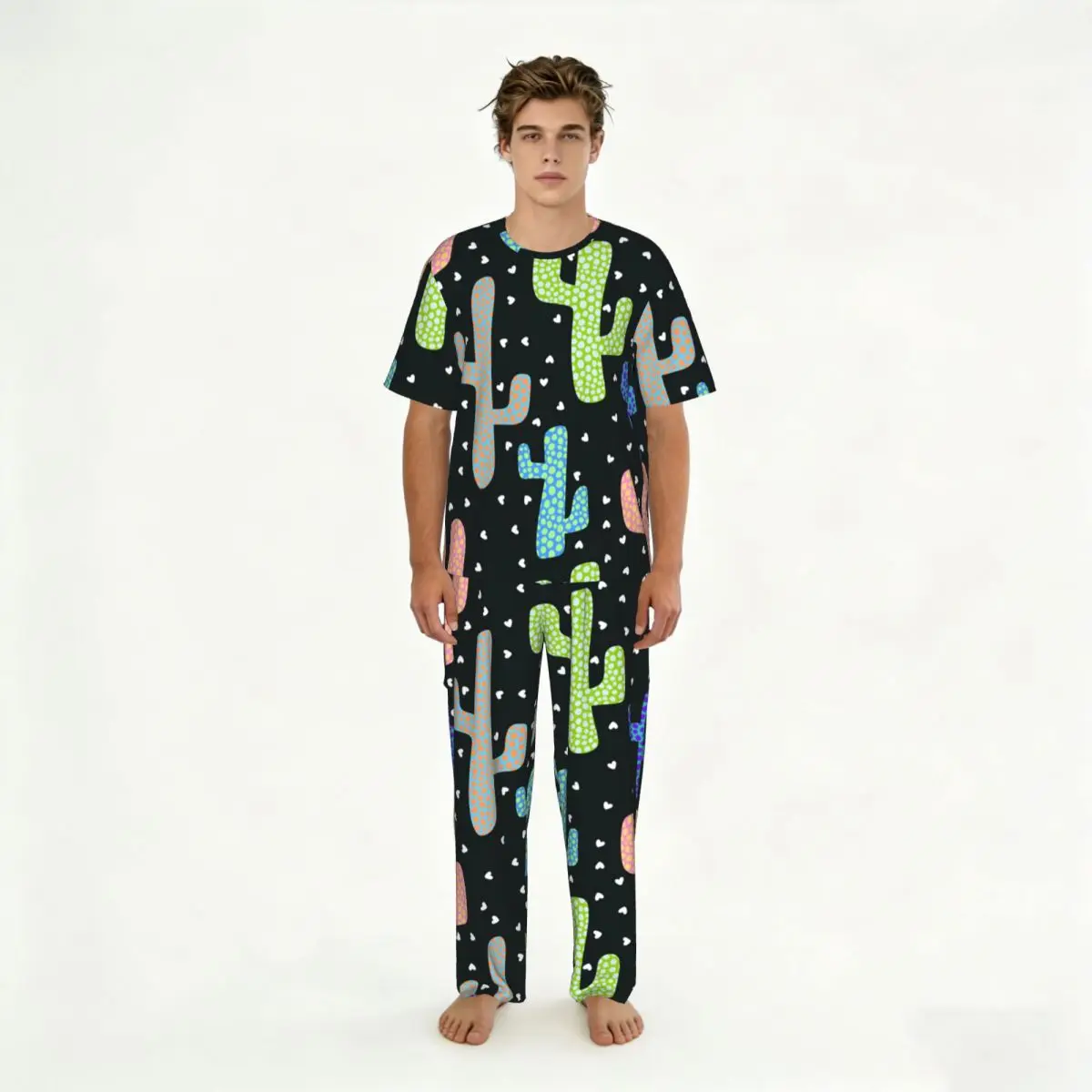 

Men Pajamas Suit Short Sleeved Long Pants Abstract Floral Cactus Sleepwear Summer Home Clothing Set