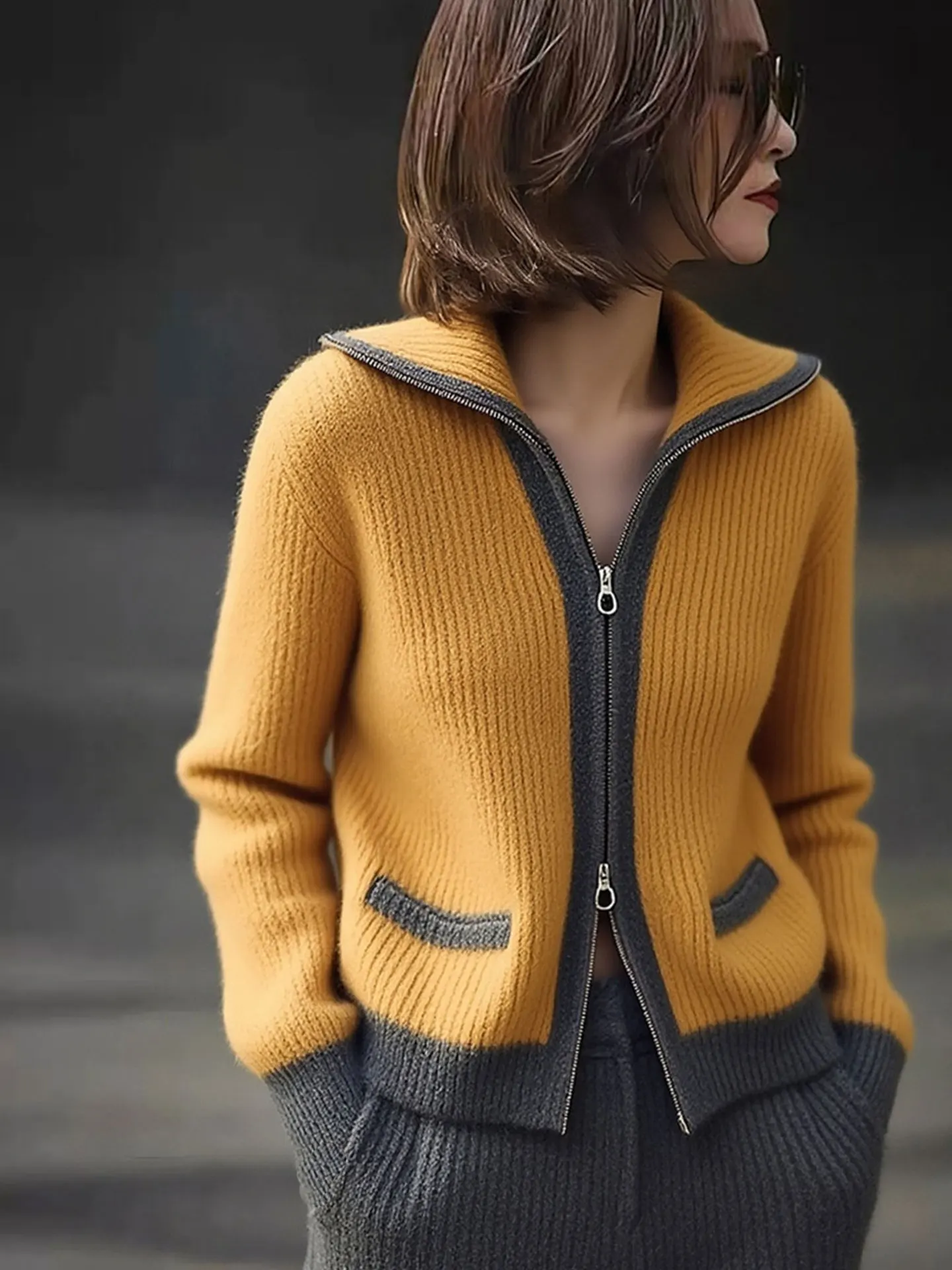 

High-End European Design Color Blo Long Sve Knitted Open Cardigan Winter Sle Double Zipper Women's Faion Top