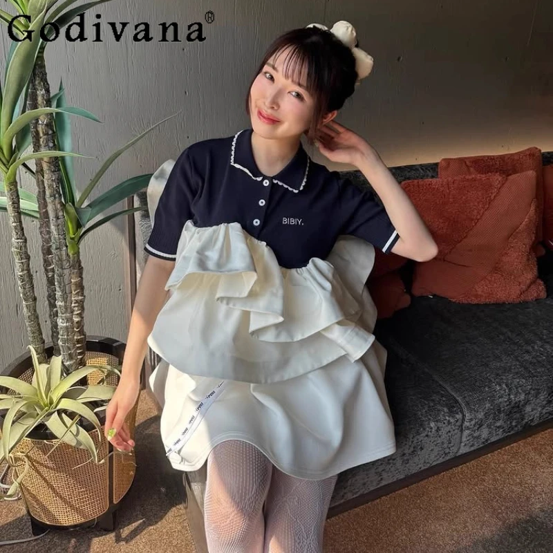 

2025 Japanese Style Ruffled Edge Knitted Patchwork Fake Two-Piece Women's Knitted T-Shirt Fashion Sweet Girl Short Sleeve Top
