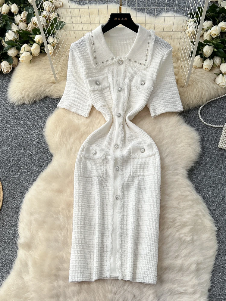 

Women Vintage Bodycon Dress Summer Nail Studded Diamond Lapel Short Sleeved Knitted Dresses Ladies Tight Elegant Long Robe