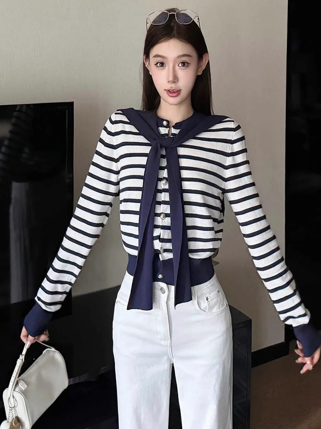 

Blue Striped Navy Collar Knitted Open Cardigan Women's Spring Autumn Thin Long Sve round Ne Outerwear Top New 2025 Sle