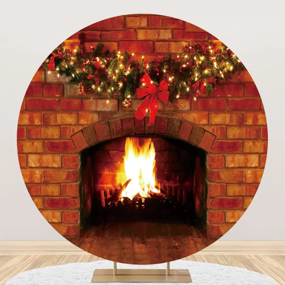 Christmas Round Backdrop Cover Christmas Fireplace Photography New Year\'s Eve Family Party Decor Circular Background Studio Prop