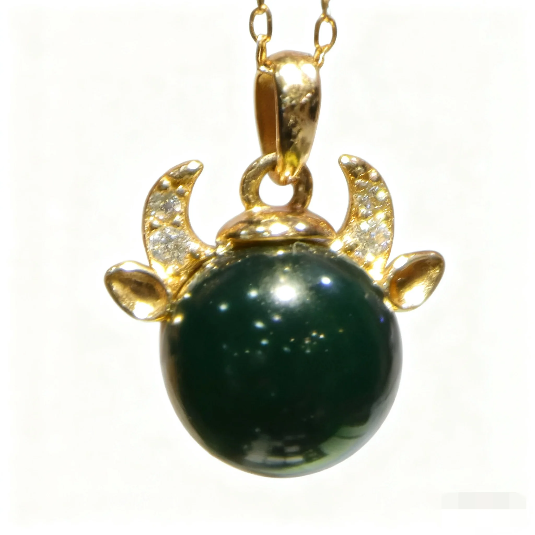 Sterling Silver Cute Bull Head Pendant with 15mm Natural Mexican Blue Amber for Necklace