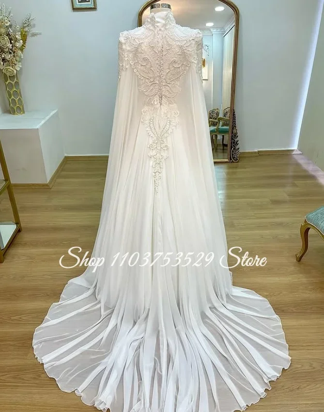 Customized White Printed Appliqué Muslim Wedding Dress Beaded Elegant Islamic Bridal Gown Engagement Dress Formal Evening Gown