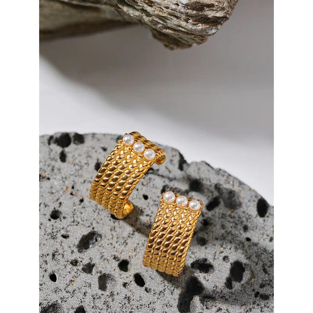 Yhpup Stainless Steel C Shape Geometric Imitation Pearls Wide Hoop Earrings Gold Color Charm Trendy Fashion Quality Jewelry New