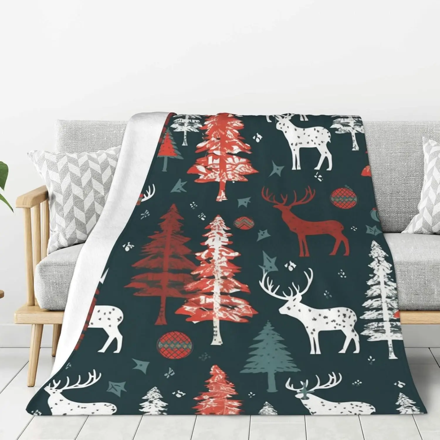 Cow Deer Tree Christmas Throw Blanket Ultra Soft Cozy Fleece Blanket Lightweight Warm Bed Blanket All Season for Home LivingRoom
