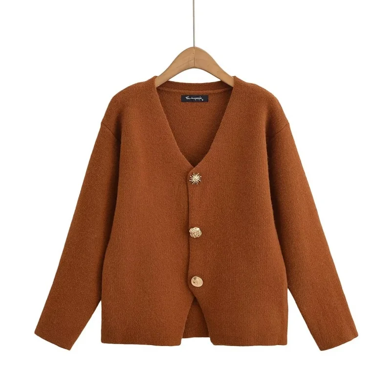 

Осенний свитер с v-образным вырезом и длинными рукавами, кардиган, женское украшение на пуговицах, вязаное пальто, женская повседневная простая верхняя одежда, новинка 2023 года