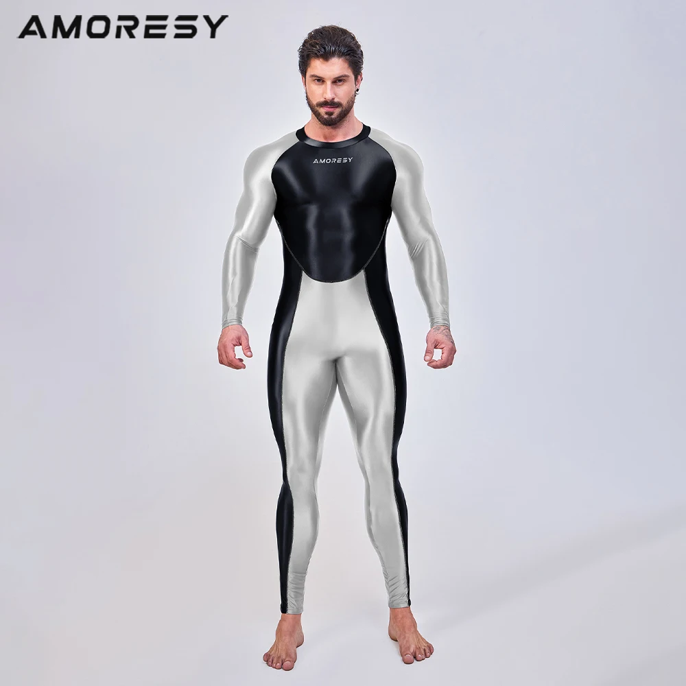 

AMORESY Smooth Glossy Running Clothes Mens Tights Leotards One Piece Jumpsuits Fitness Rompers Cycling Sports Catsuits