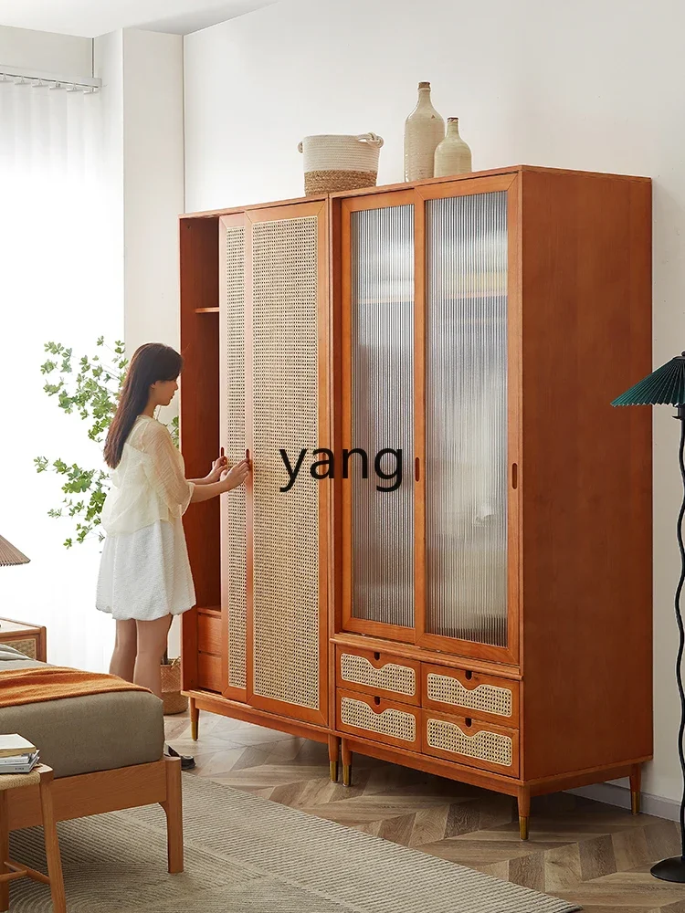 

LTT Solid Wood Rattan Wardrobe Double Door Bedroom Storage Home Sliding Door